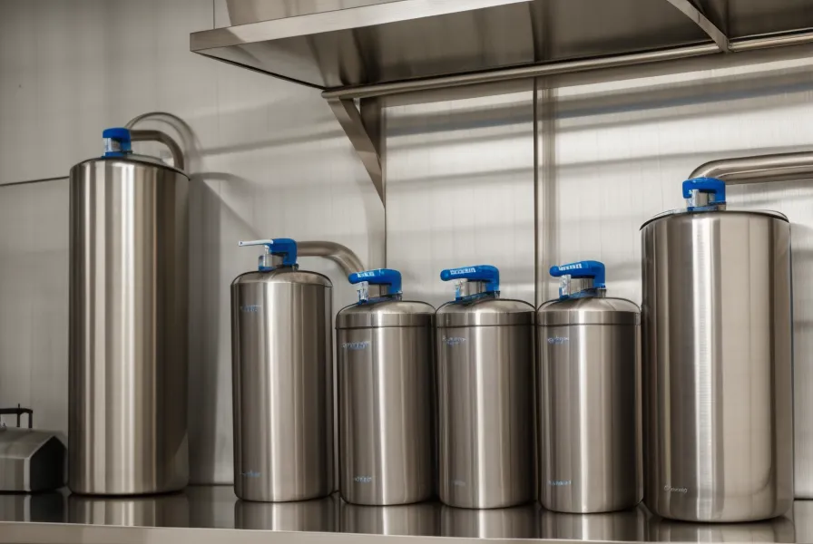 A stainless steel David's Shield gravity filter standing next to emergency water storage.