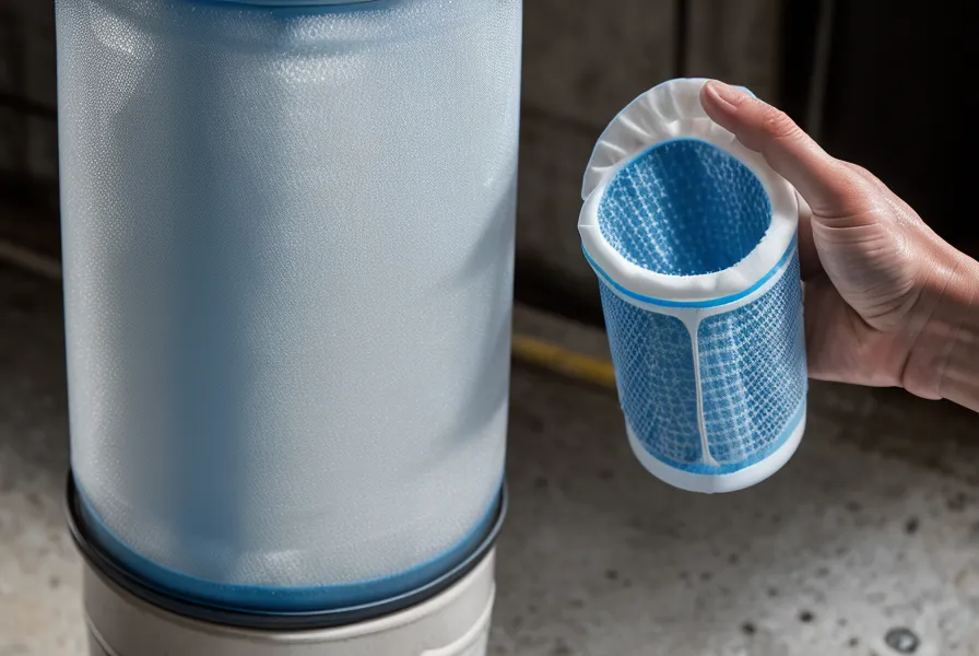 Close-up of a water filter cartridge being inspected next to a storage barrel.