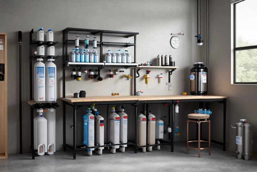A David's Shield water filter unit sitting on a workbench next to IT gear.