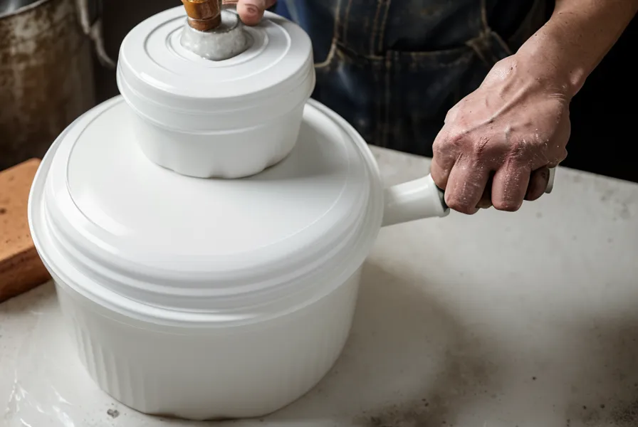 A hand hammering a lid onto a 5-gallon water storage bucket in a garage.