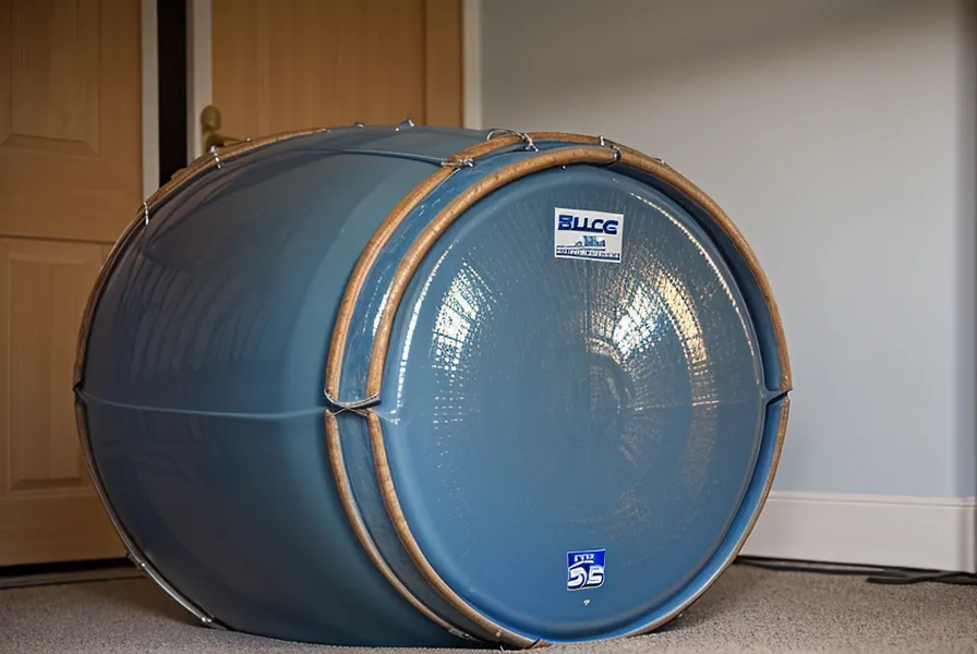 A large blue 55-gallon water drum blocking a narrow hallway.